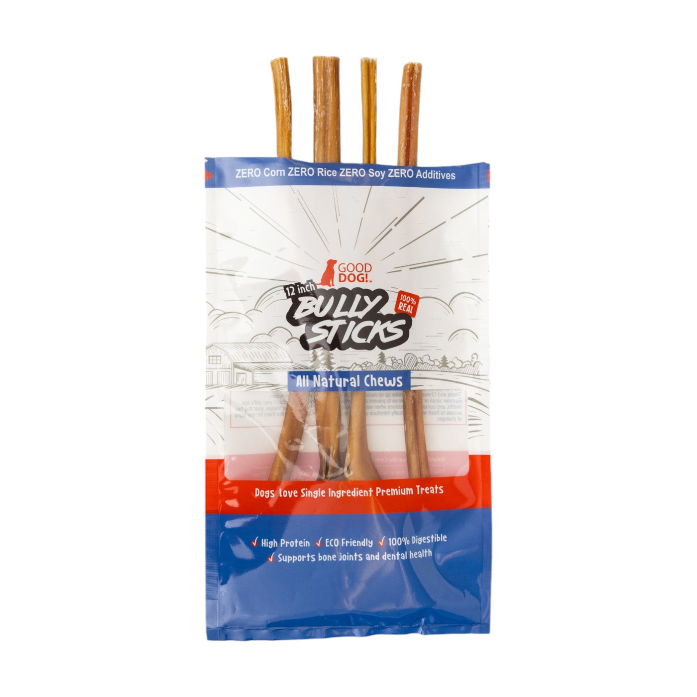 All-Natural Beef Bully Stick Dog Treats – Nutrient-Rich, and High-Protein – 12-Inch Standard (4-Pack)